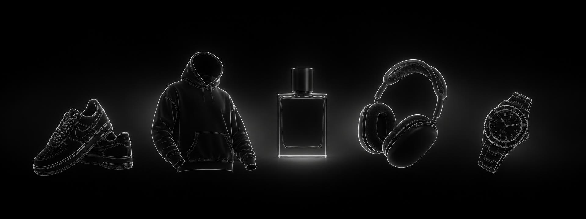 Line-art illustrations of sneakers, a hoodie, cologne, headphones and a watch